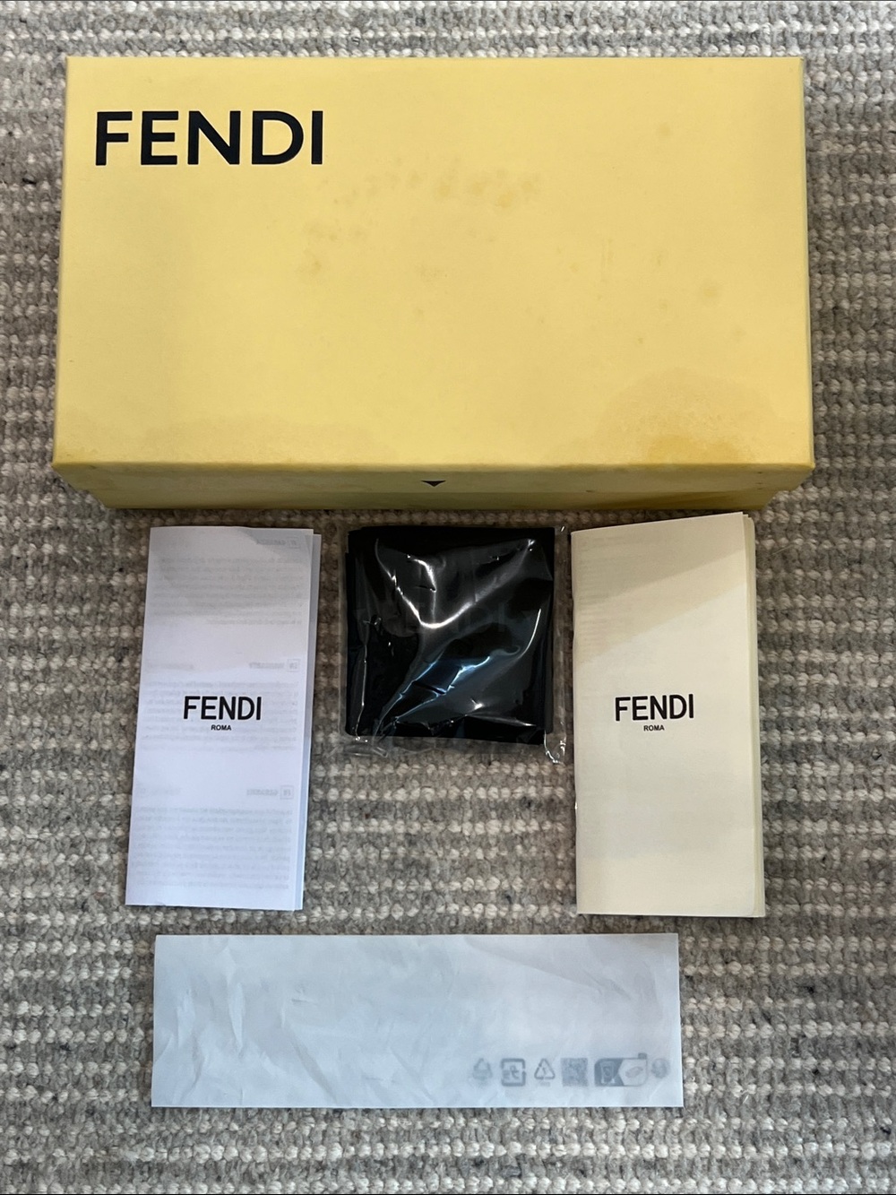 FENDI Sunglasses Box w/ Embossed Cleaning Cloth, Warranty Booklet & Care Manual